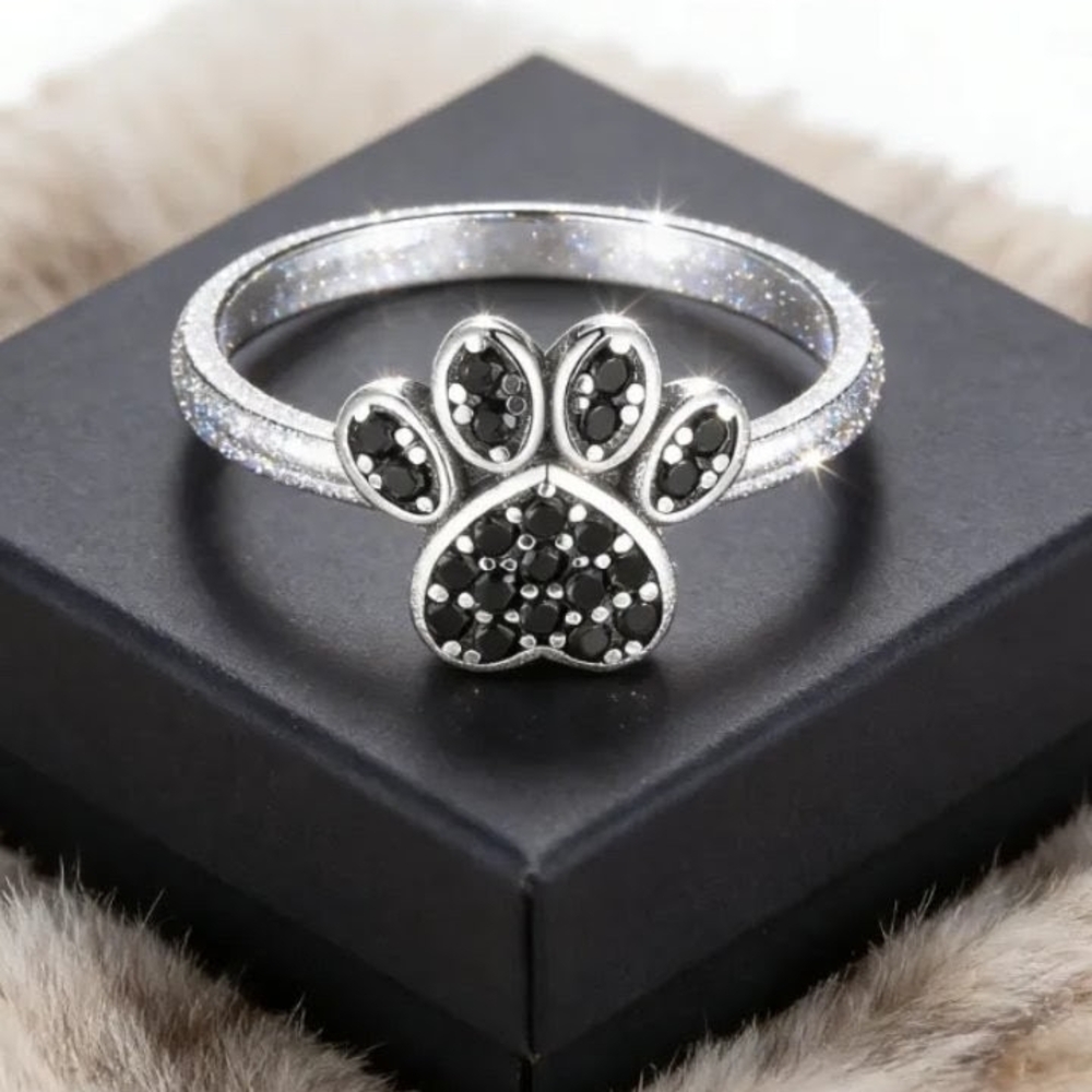 Silver Paw Print Ring with Black Rhinestones Dog Lover Jewelry - Picture 3 of 6